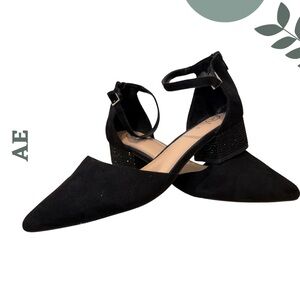 A.E. Black Suede Ankle Strap Sparkle Block Heels | Pointed Toe Size 10